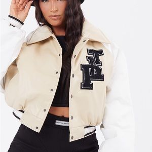 PrettyLittleThing Beige Faux Leather Raglan Sleeve Cropped Varsity Bomber Jacket